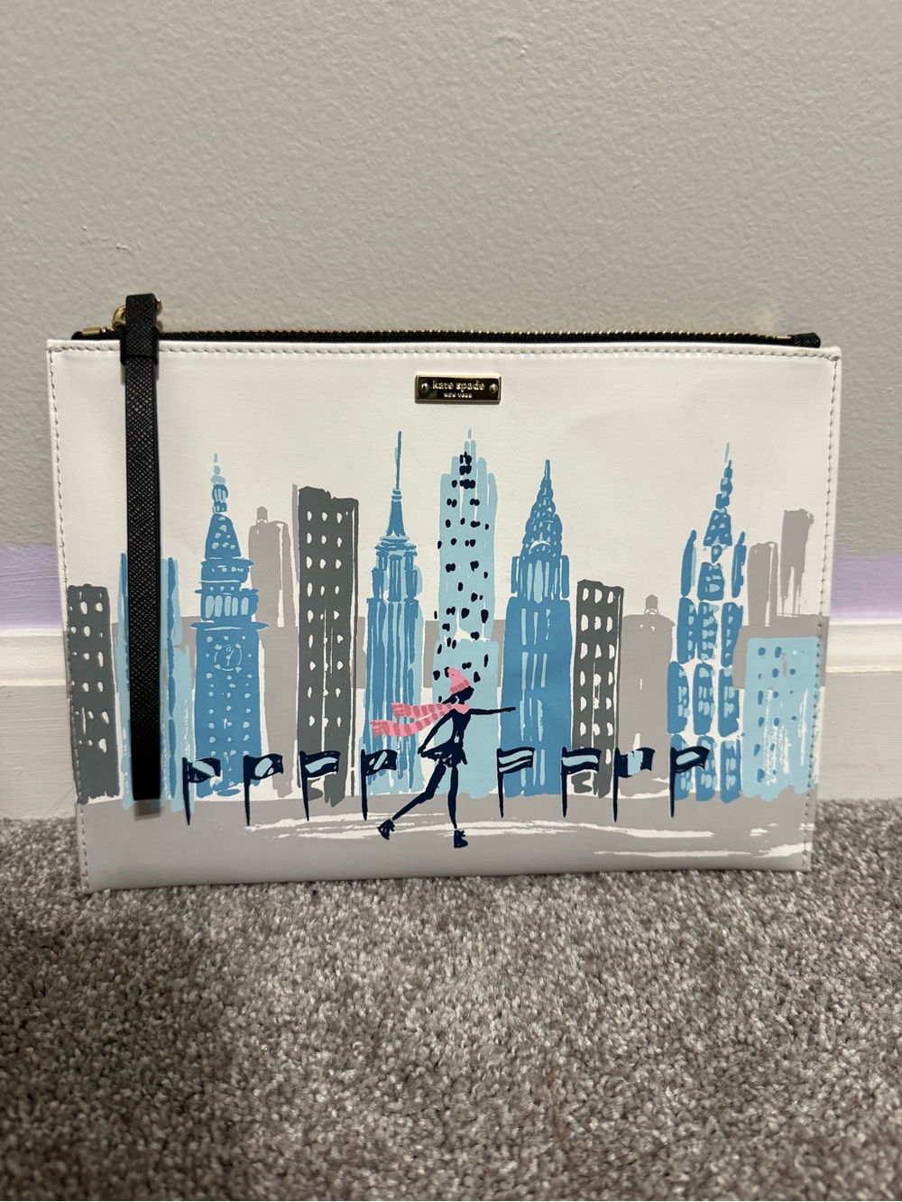 kate spade White City Skyline Zip Pouch with Pink Scarf Accent